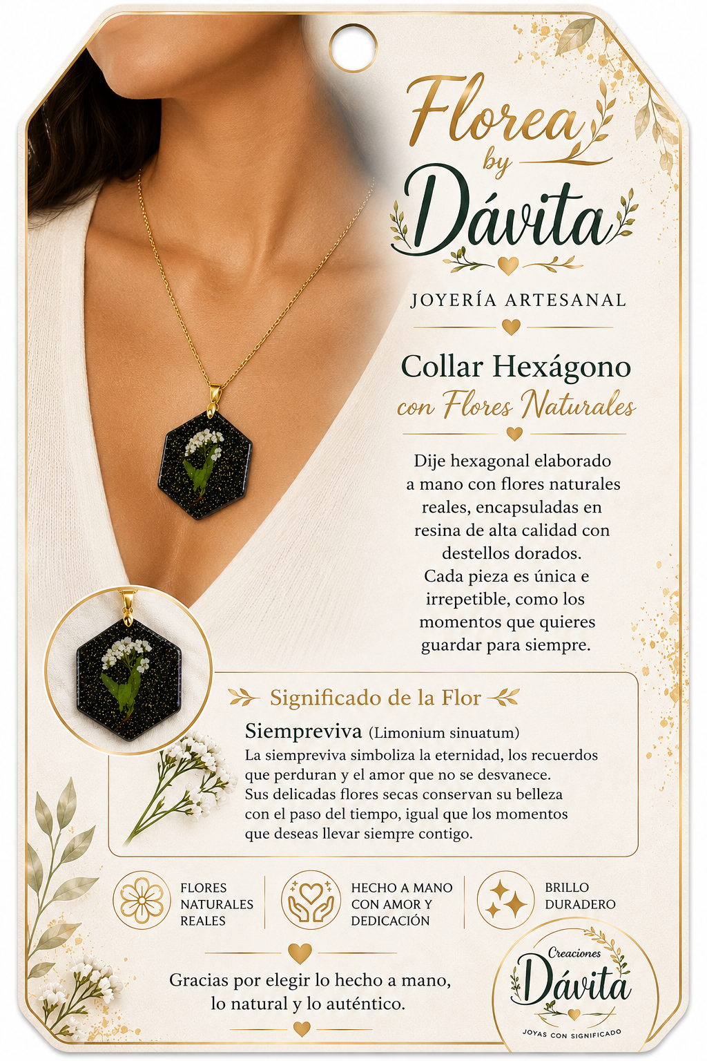 Collar Hexágono con Flores Naturales Siempre Viva