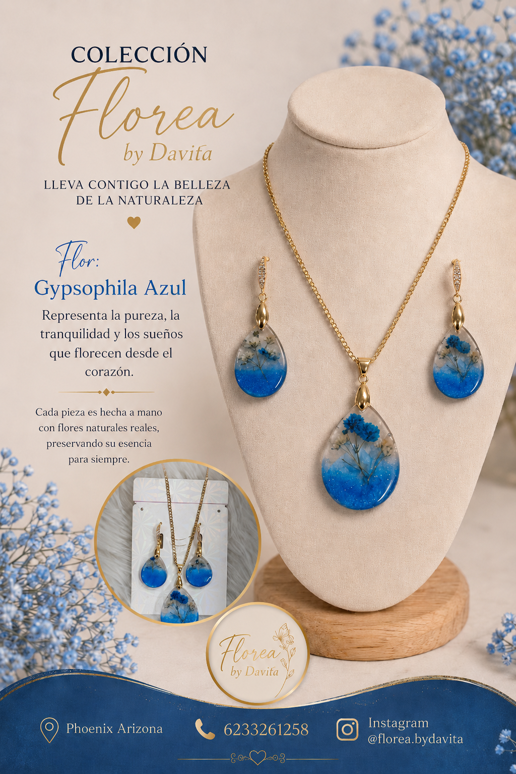 Set de Collar con aretes de flores naturales flor:Gypsophil Azul