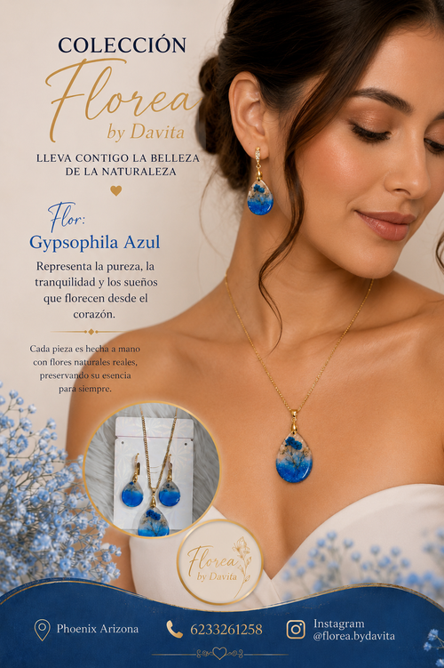 Set de Collar con aretes de flores naturales flor:Gypsophil Azul