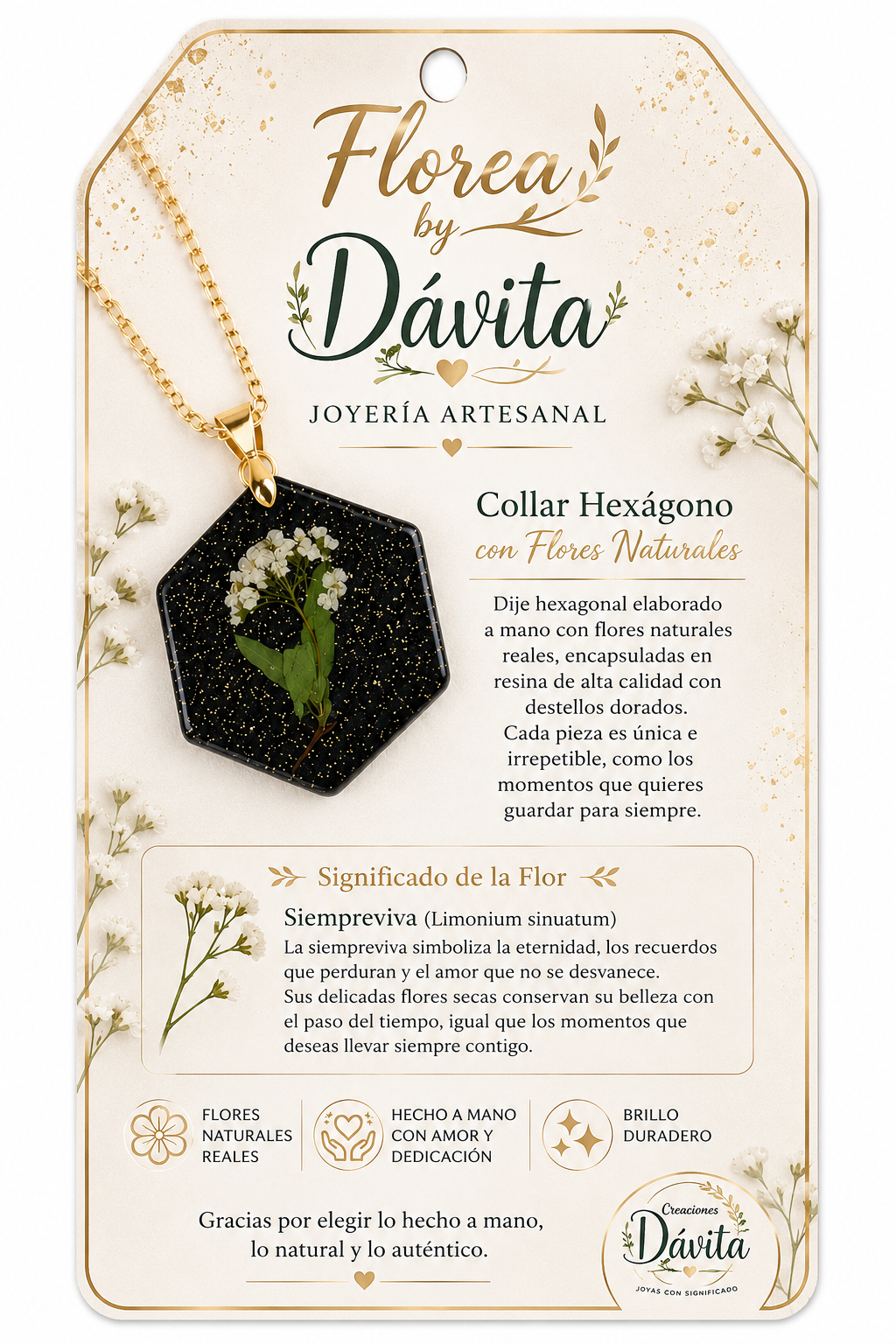Collar Hexágono con Flores Naturales Siempre Viva