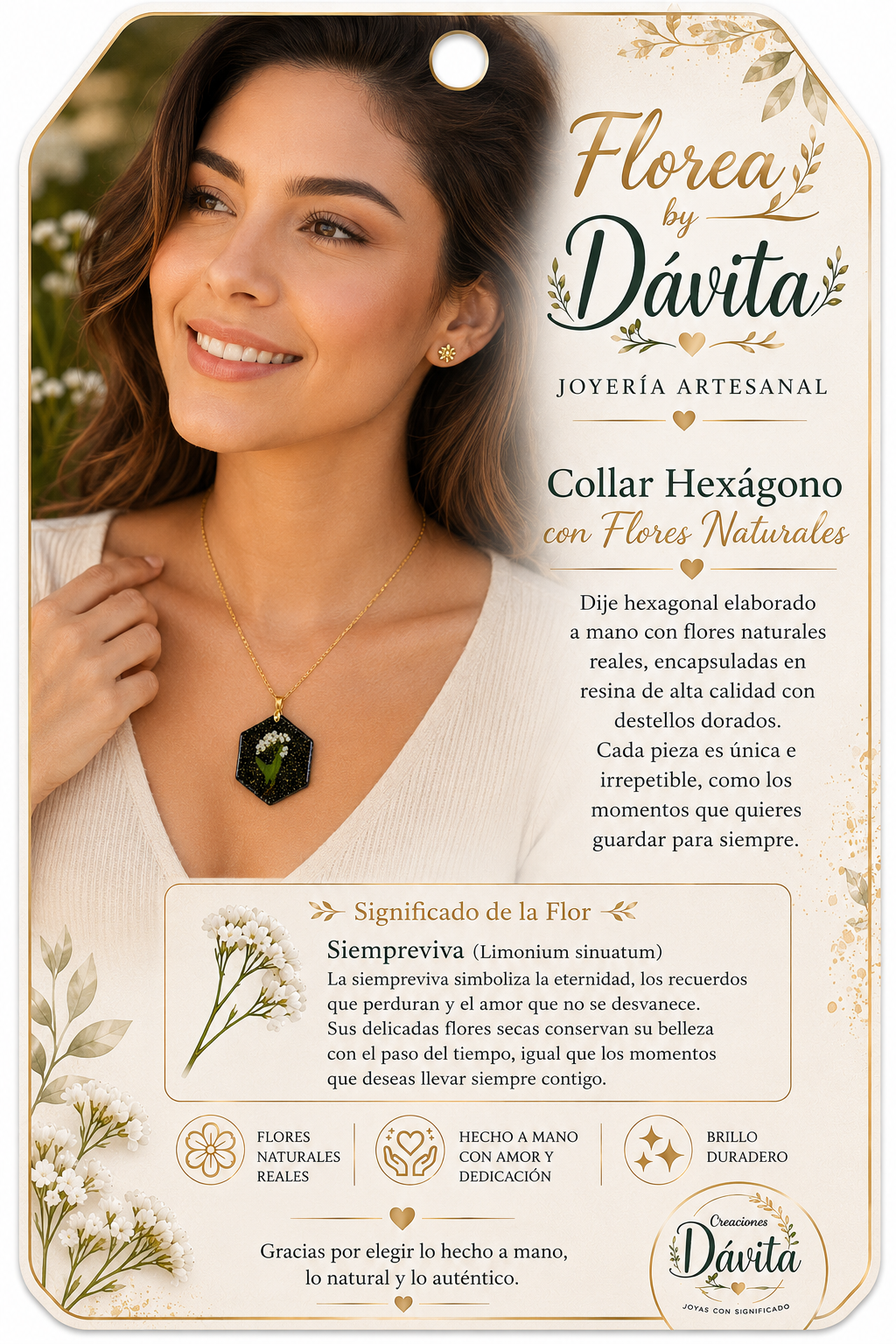 Collar Hexágono con Flores Naturales Siempre Viva