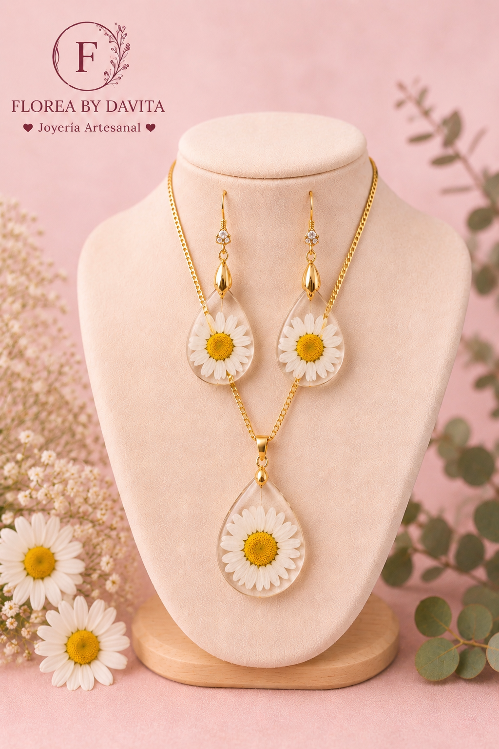 Set de collar con aretes naturales Margaritas elegancia y distinción