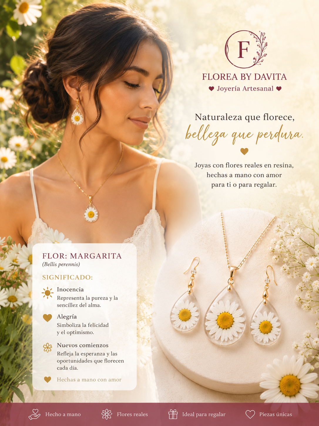 Set de collar con aretes naturales Margaritas elegancia y distinción