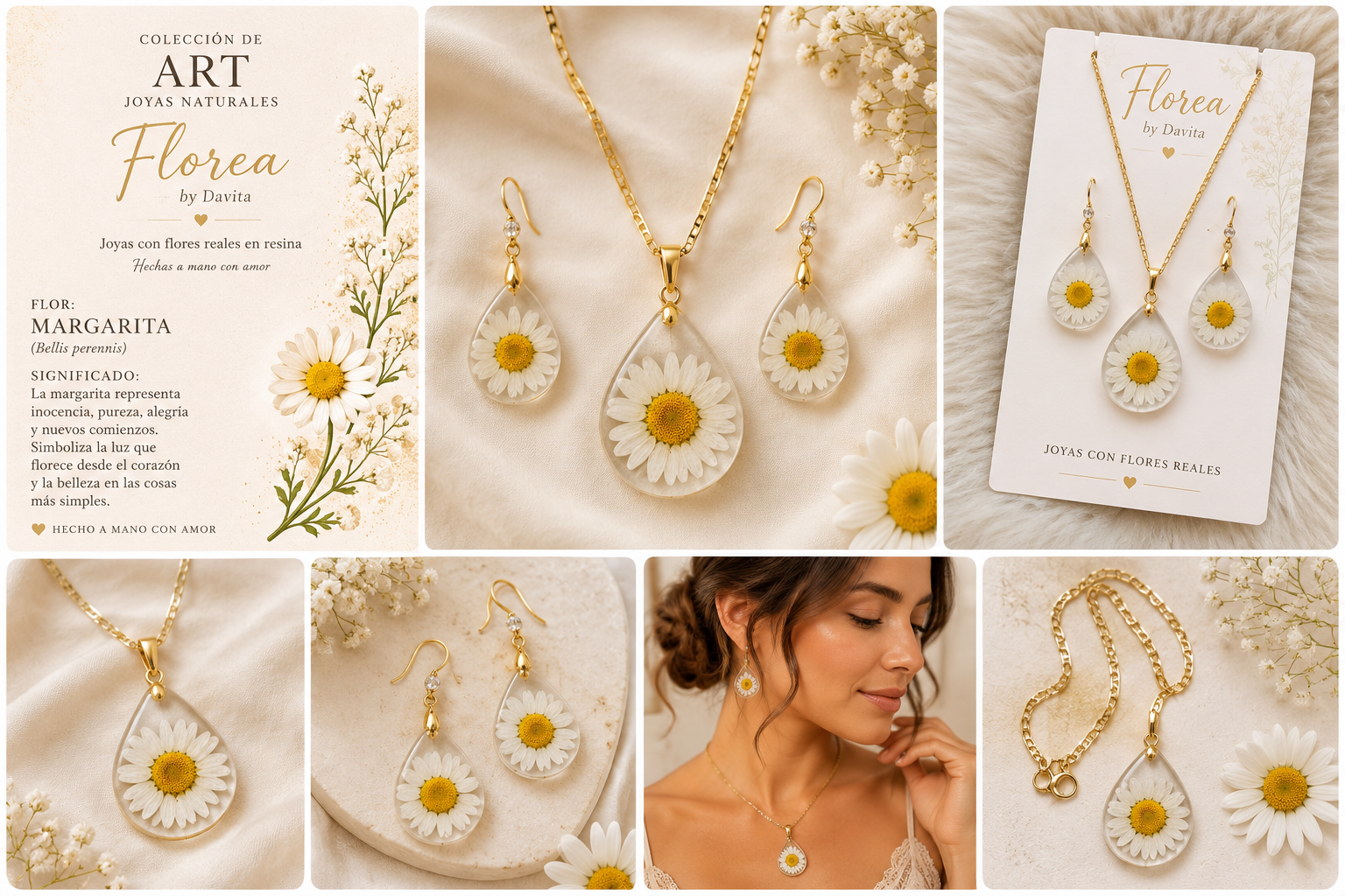 Set de collar con aretes naturales Margaritas elegancia y distinción