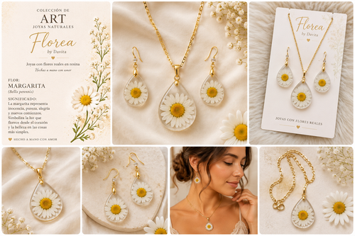 Set de collar con aretes naturales Margaritas elegancia y distinción